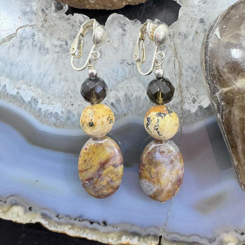 Carolyn Pollack Sterling Smoky Quartz & Jasper Bead Clip-On Earrings For Women